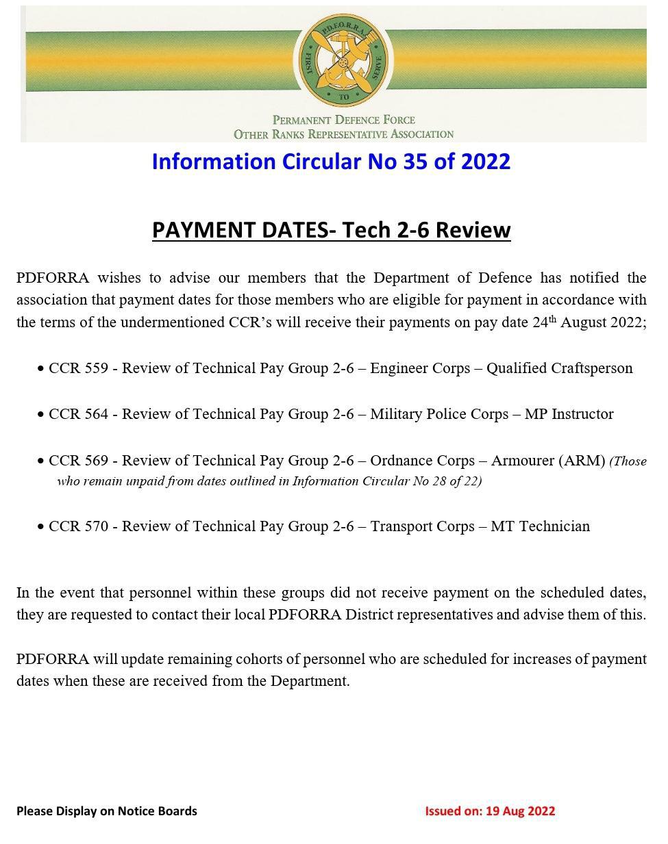 Information Circular No 35 of 22 - Payment Dates Tech 2 to 6 Review