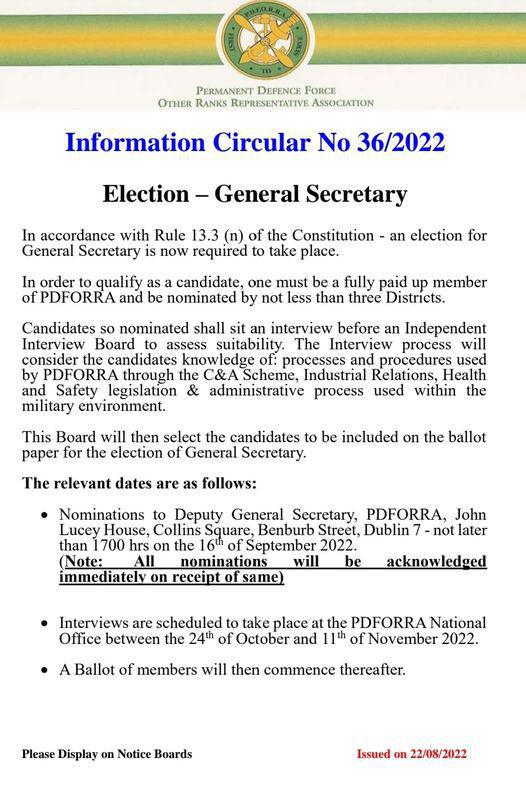Information Circular No 36 of 22 - Notification of Election - General Secretary