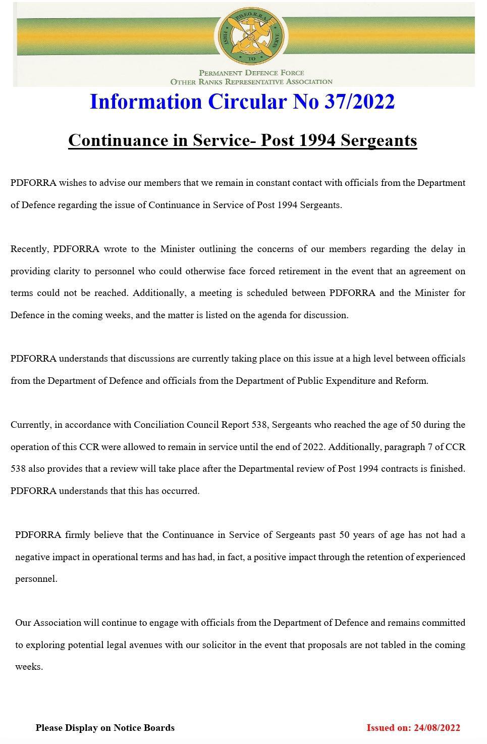 Information Circular No 37 of 22 - Continuance In Service Post 1994 Sgt's