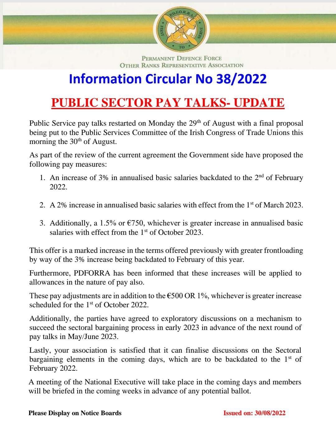 Information Circular No 38 of 22 - Public Sector Pay Talks