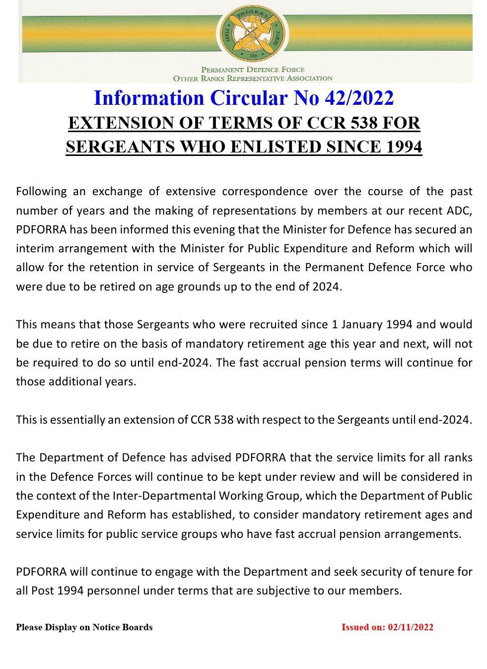 Information Circular No 42 of 22 - Extension of Terms of CCR538 for Sgt's who Enlisted since 1994