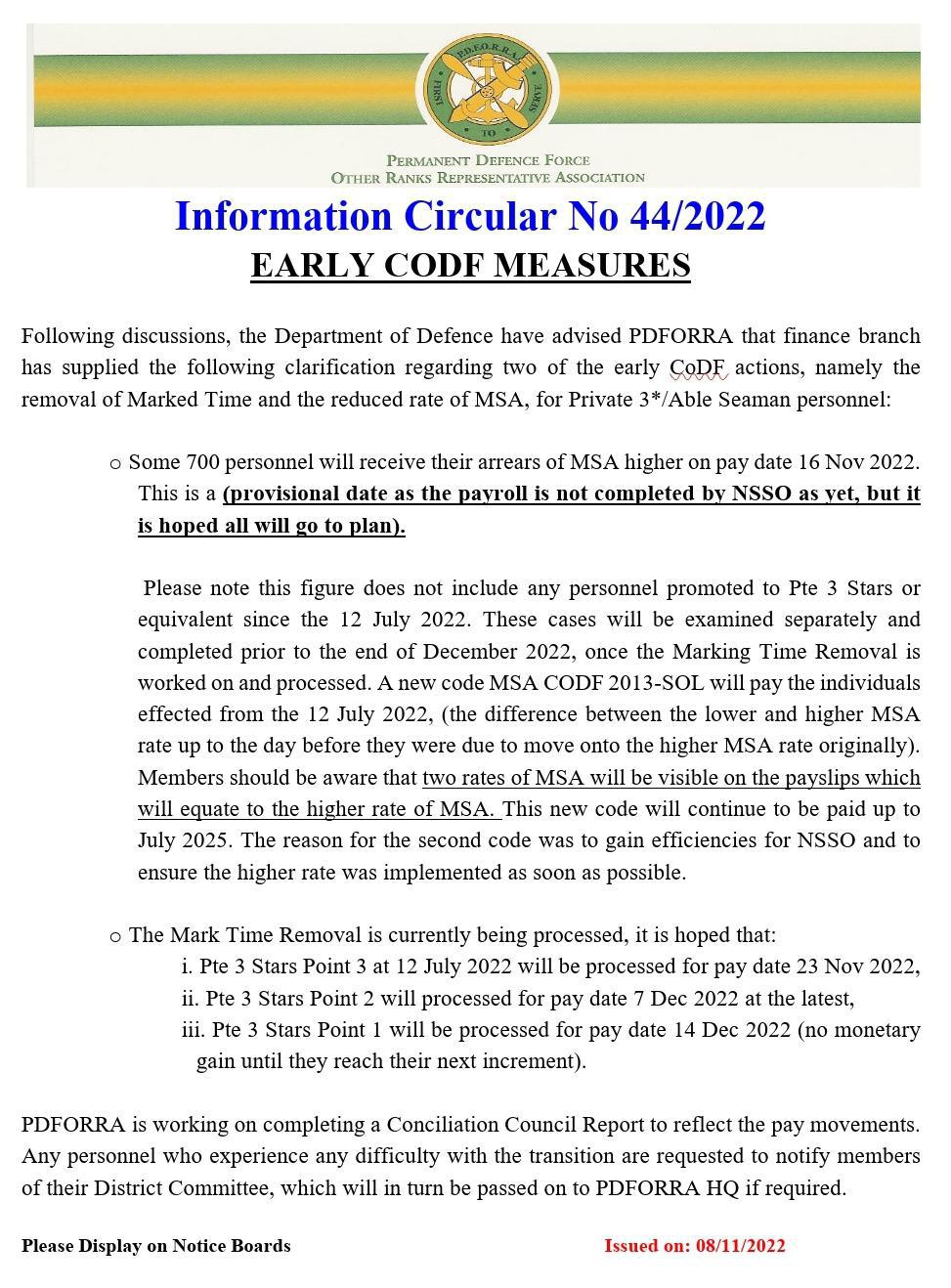 Information Circular No 44 of 22 - Early CODF Measures