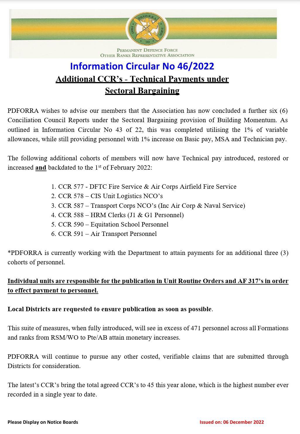 Information Circular No 46 of 22 - Additional CCR's Technical Payments under Sectoral Bargaining