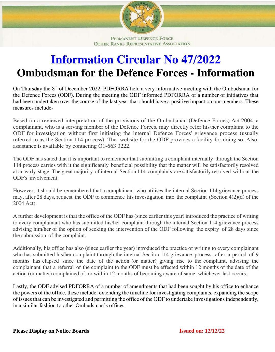 Information Circular No 47 of 22 - ODF Information