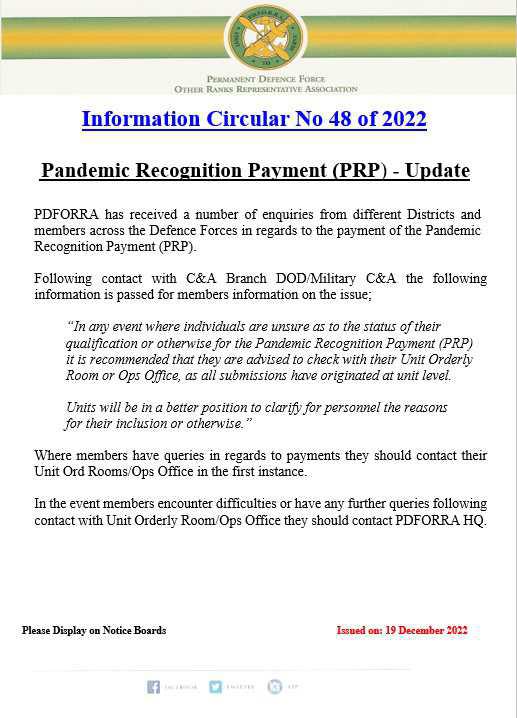 Information Circular No 48 of 22 - Pandemic Recognition Payment (PRP) - Update