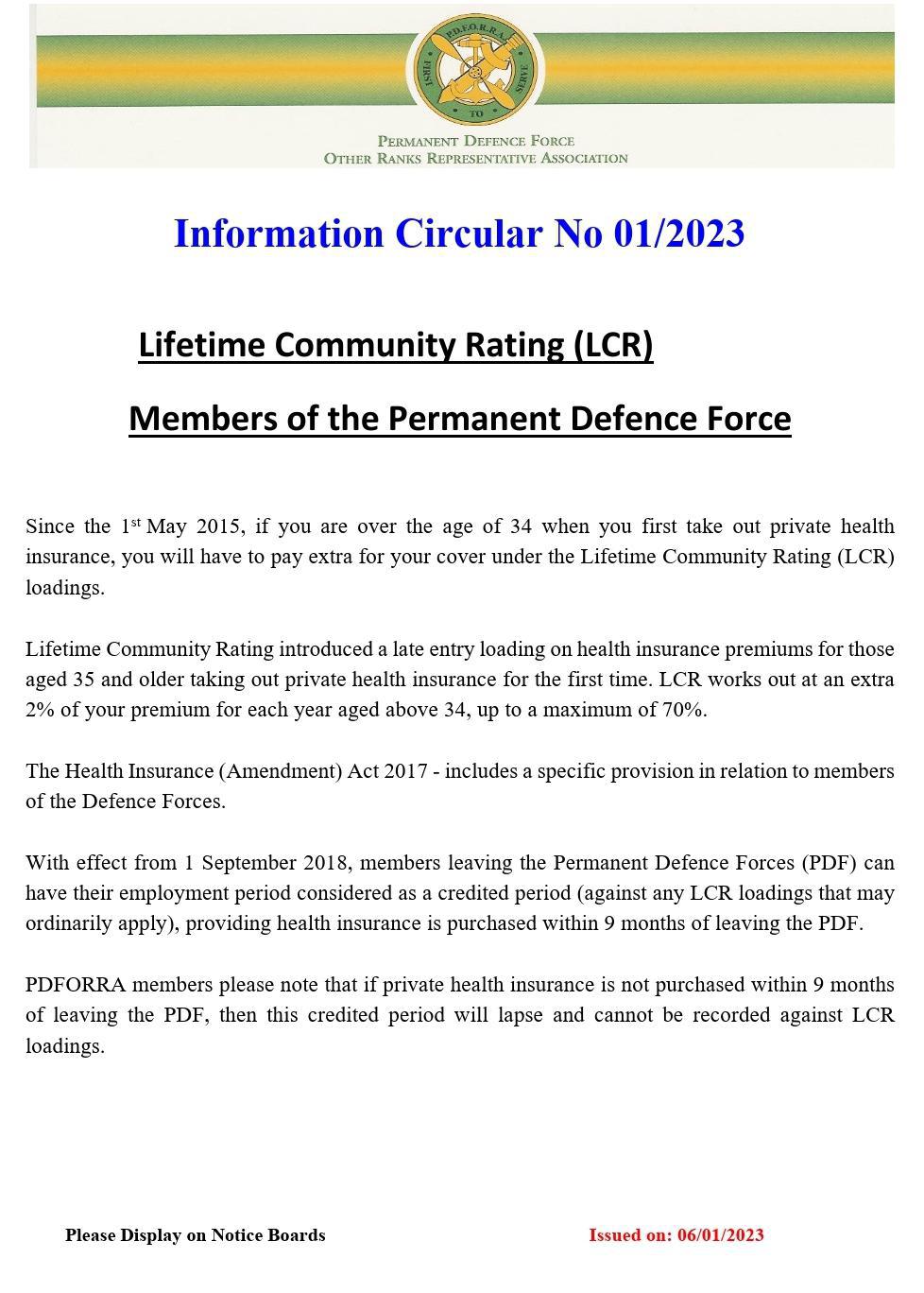 Information Circular No 01 of 23 - Lifetime Community Rating