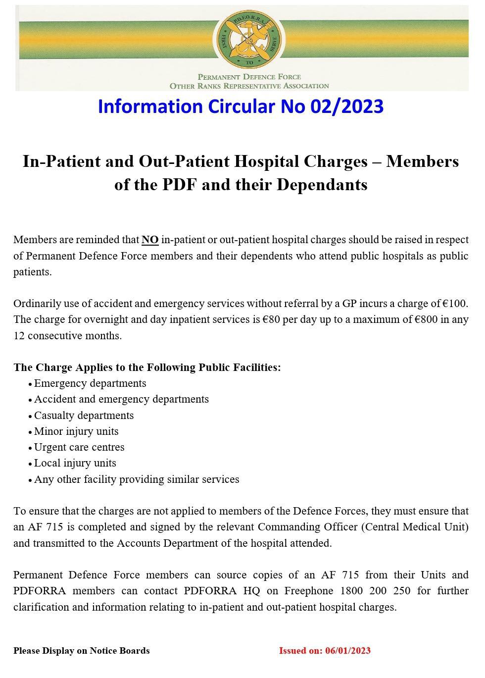 Information Circular No 02 of 23 - In-Patient and Out-Patient Hospital Charges - PDFORRA members and Dependents