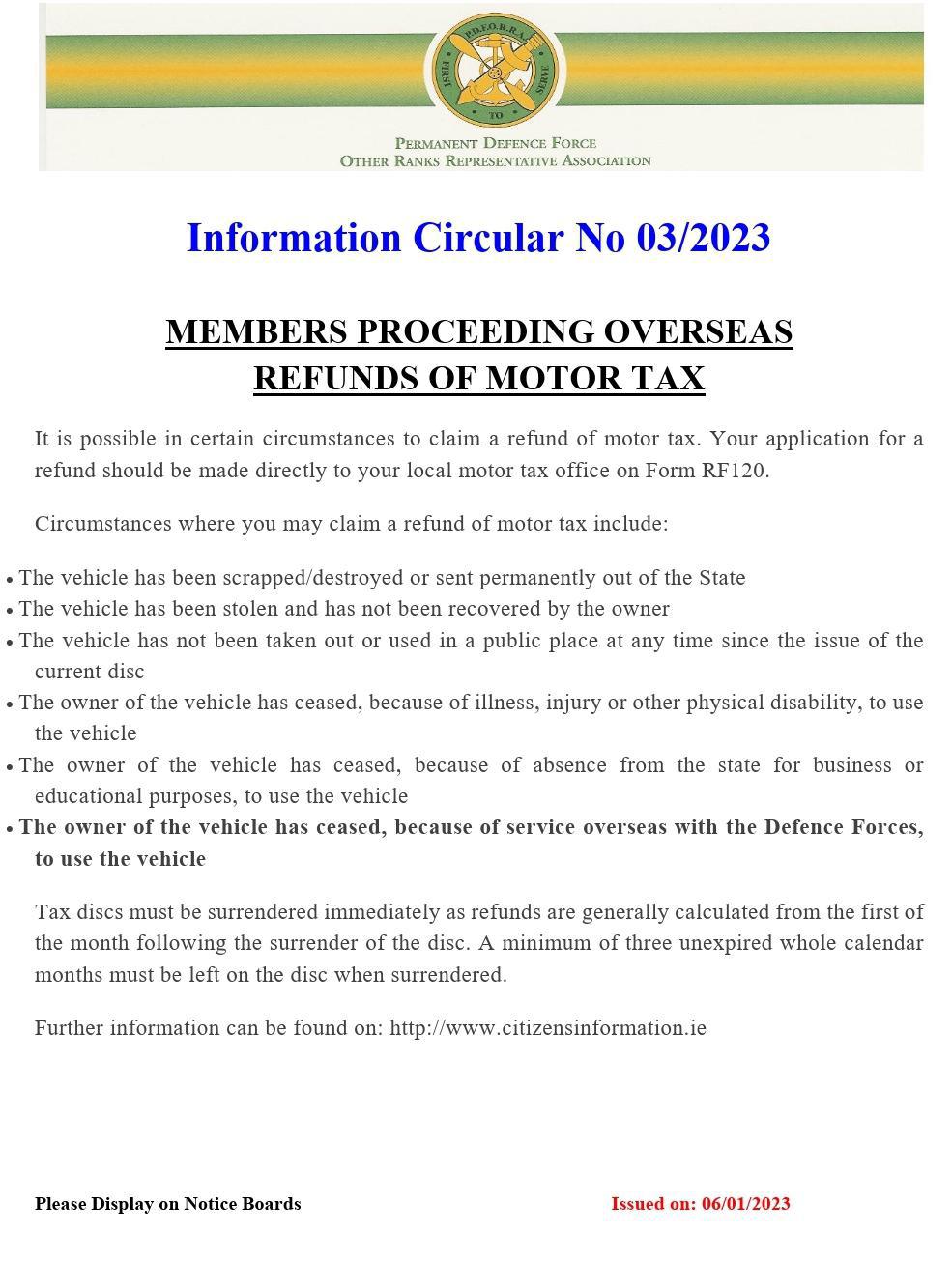 Information Circular No 03 of 23 Refund of Motor Tax members proceeding Overseas