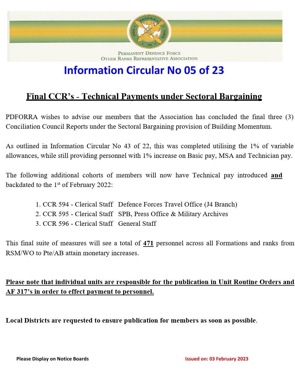 Information Circular No 05 of 23 - Final CCR's - Technical Payments under Sectoral Bargaining