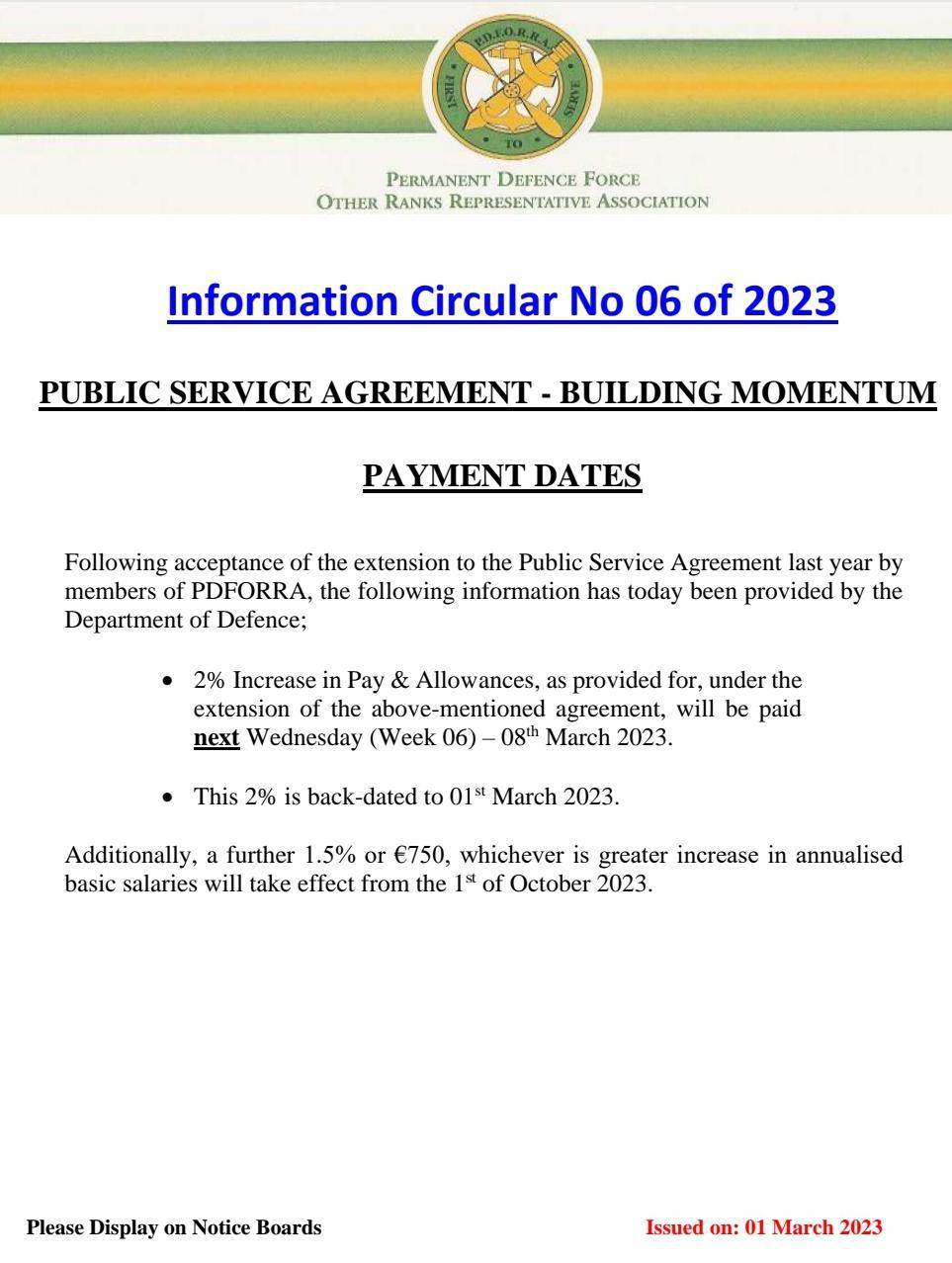 Information Circular No 06 of 23 - Payment Date Public Sector Pay Talks Extension