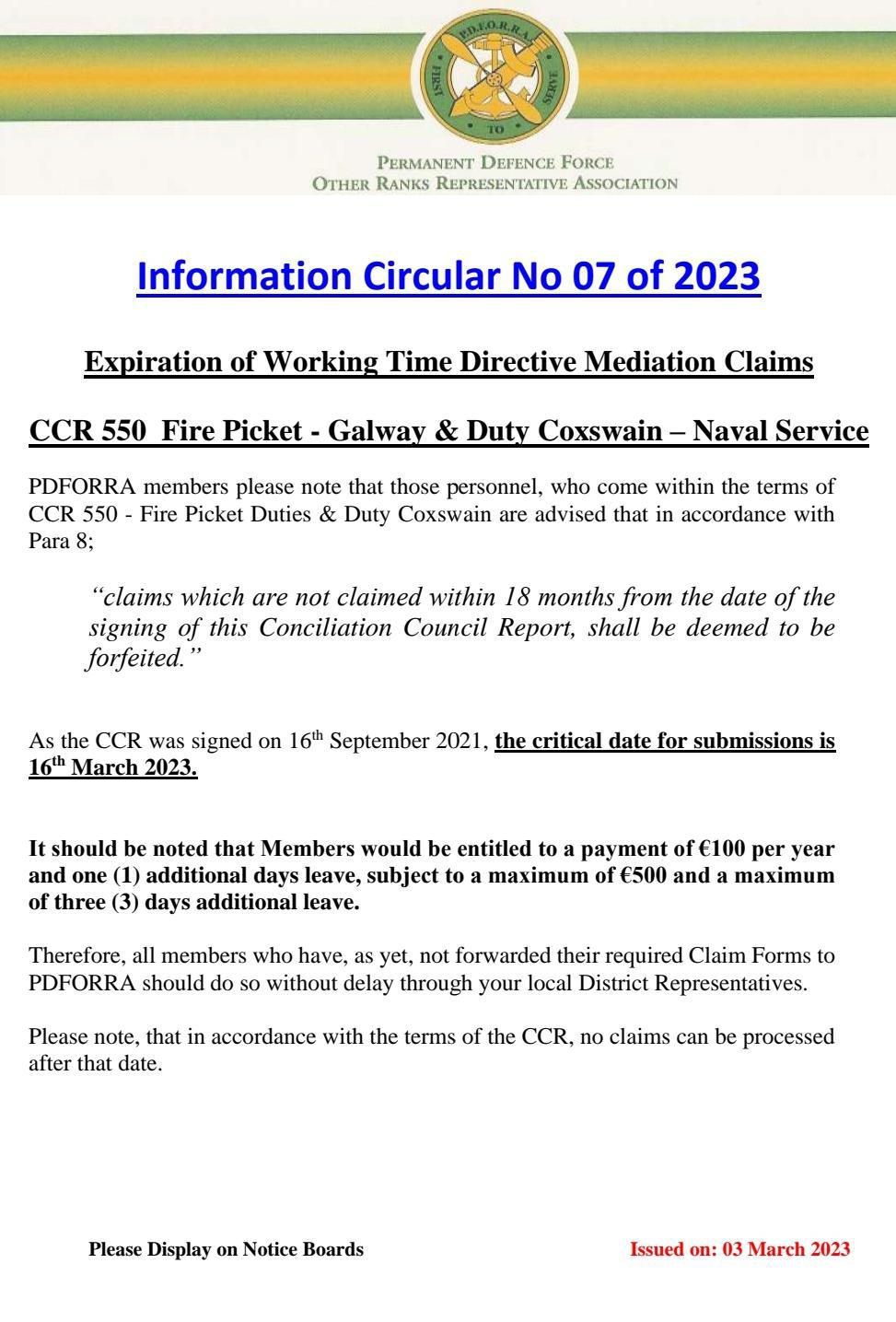 Information Circular No 07 of 2023 - Finalisation of WTD Claims Fire Picket Galway & Duty Coxswain Navy