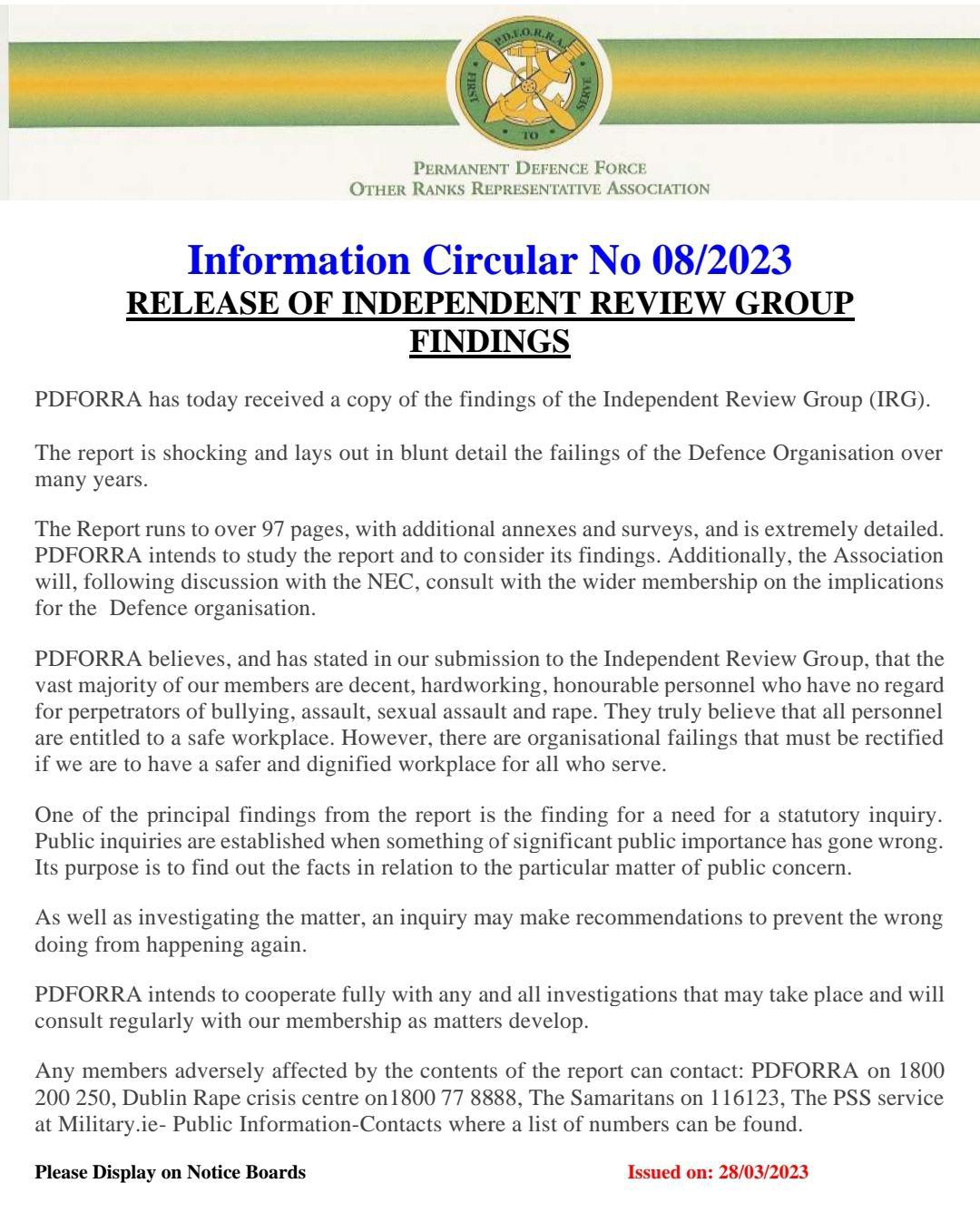 Information Circular No 08 of 23 - Release of IRG Report - Findings