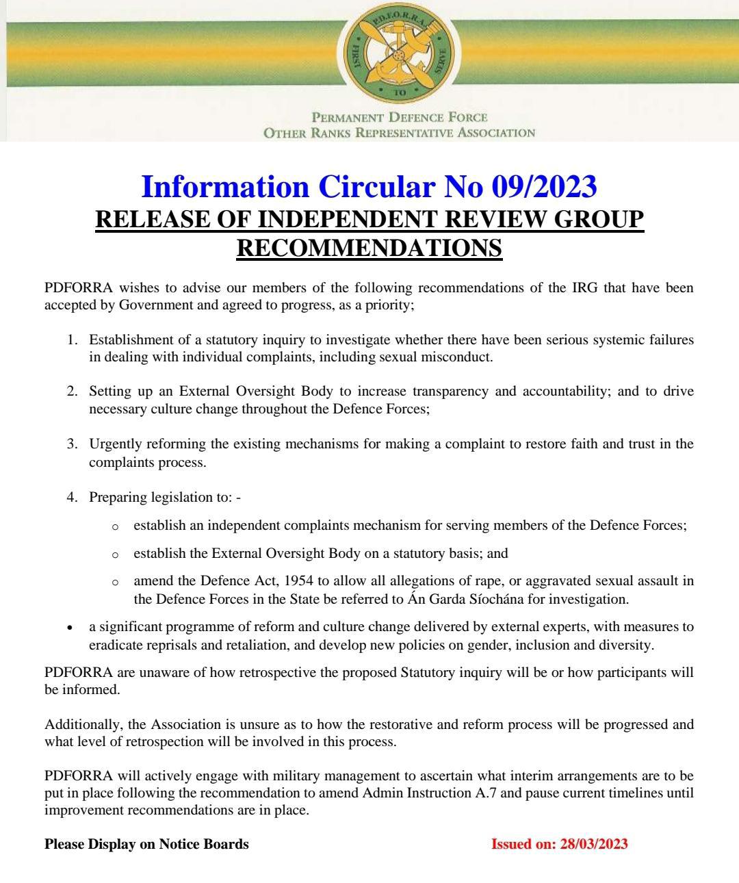 Information Circular No 09 of 23 - Release of IRG Report - Recommendations