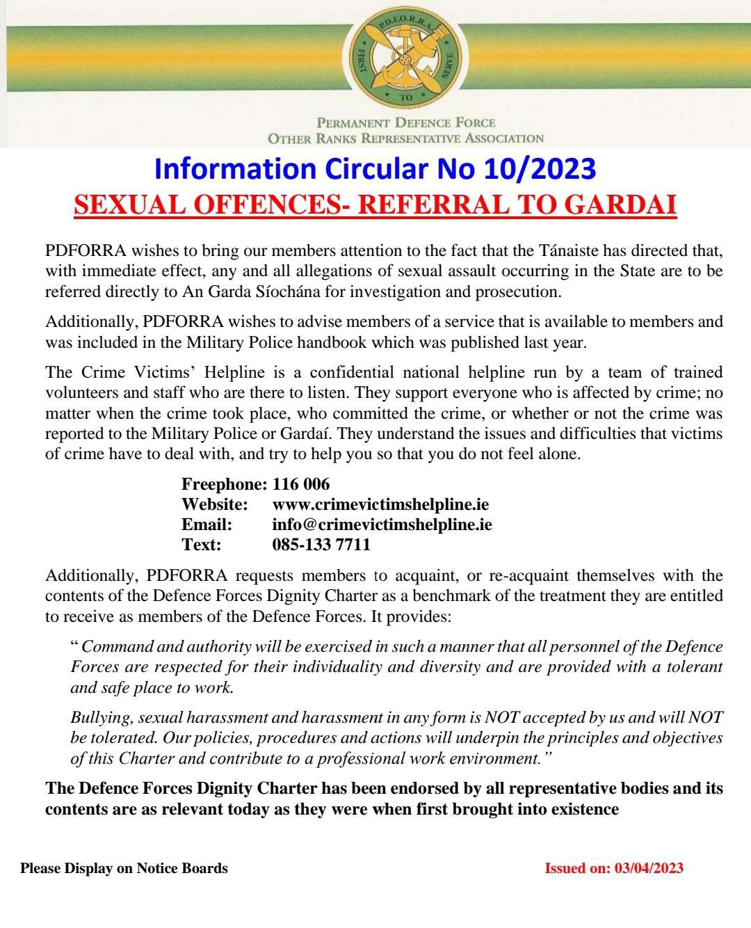 Information Circular No 10 - Referral of Sexual offence to Gardai