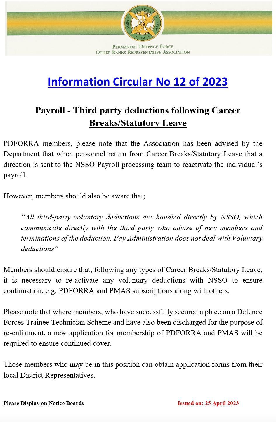 Information Circular No 12 of 2023 - Third Party Deductions following Career Breaks