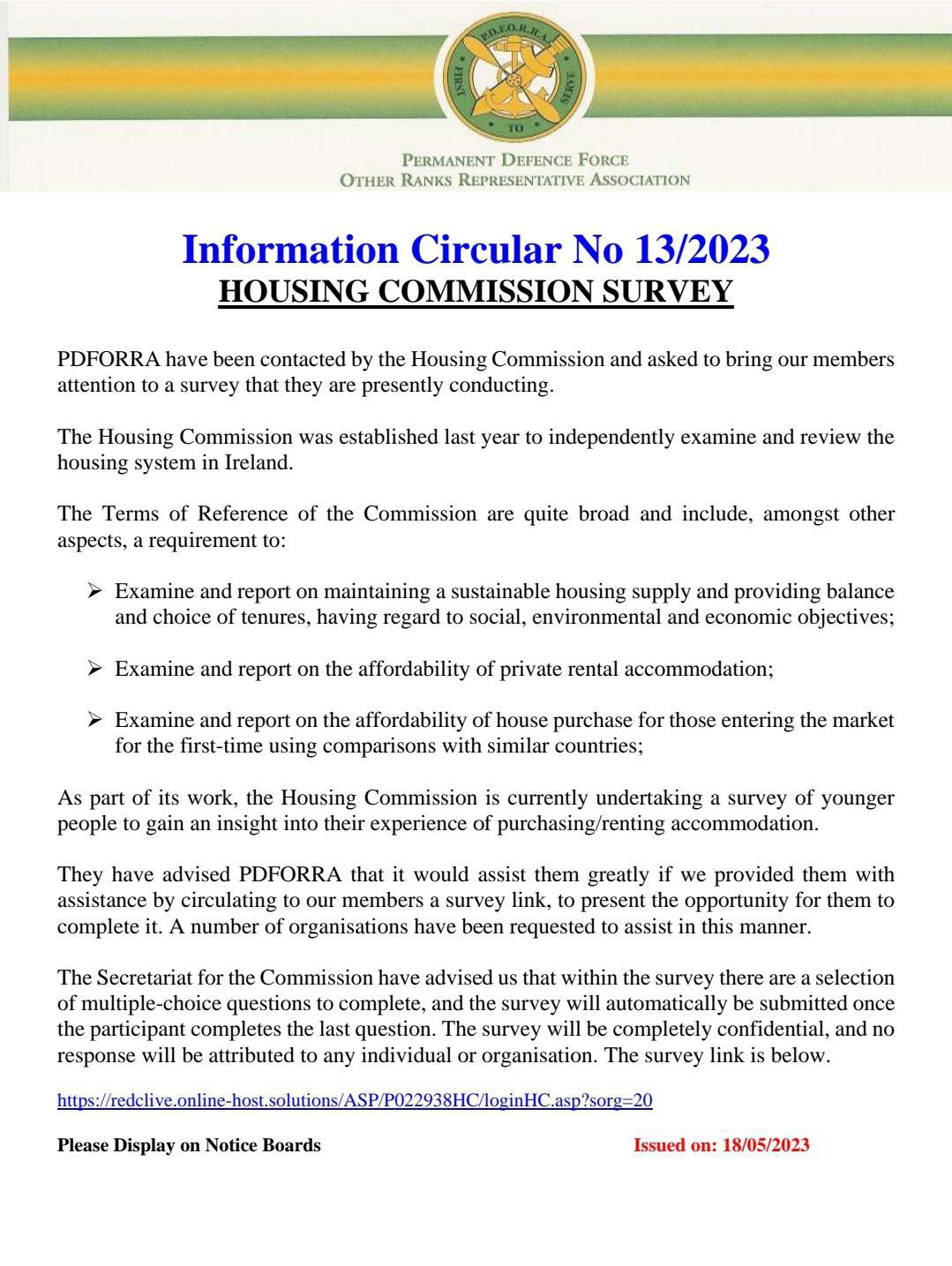 Information Circular No 13 of 23 - Housing Commission Survey