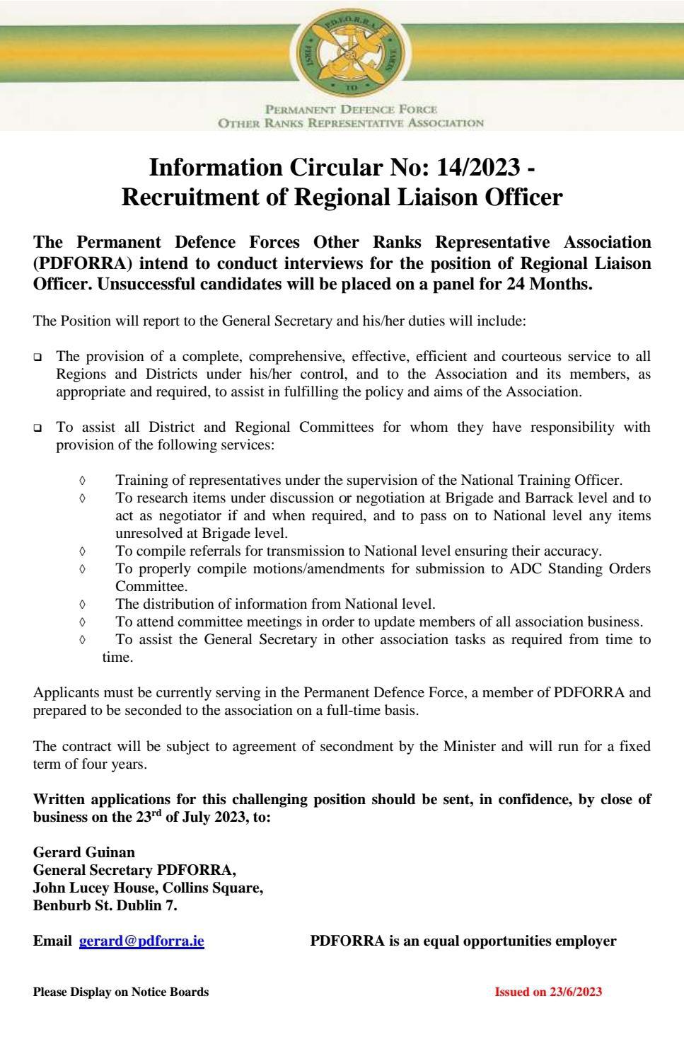 Information Circular No 14 of 23 - Recruitment of Regional Liaison Officer PDFORRA