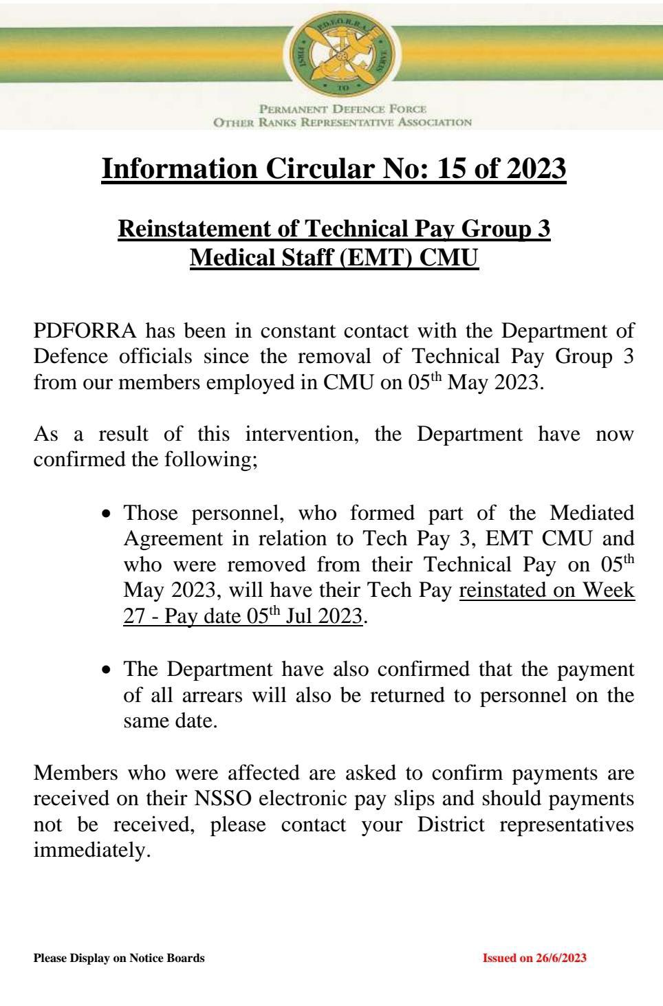 Information Circular No 15 of 23 - Reinstatement of Tech Pay Group 3 to Medical Staff (EMT) CMU