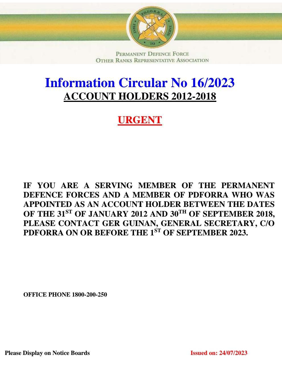 Information Circular No 16 of 23 - Account Holders