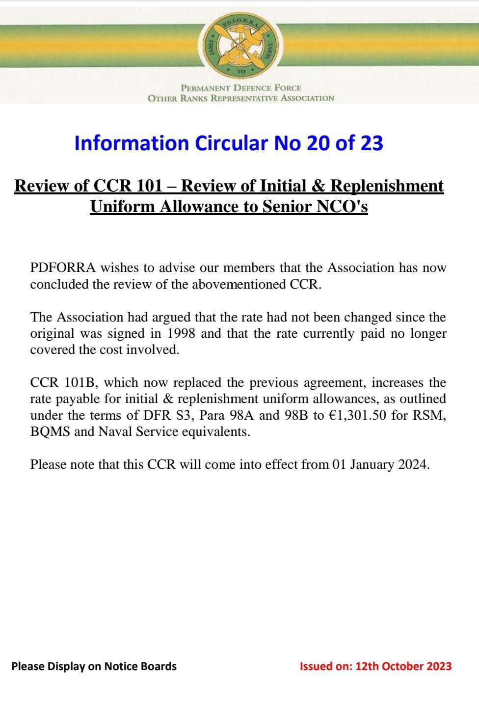 Information Circular No 20 of 23 - Review of CCR 101 - Initial & Replenishment uniform allowance for Senior NCO's