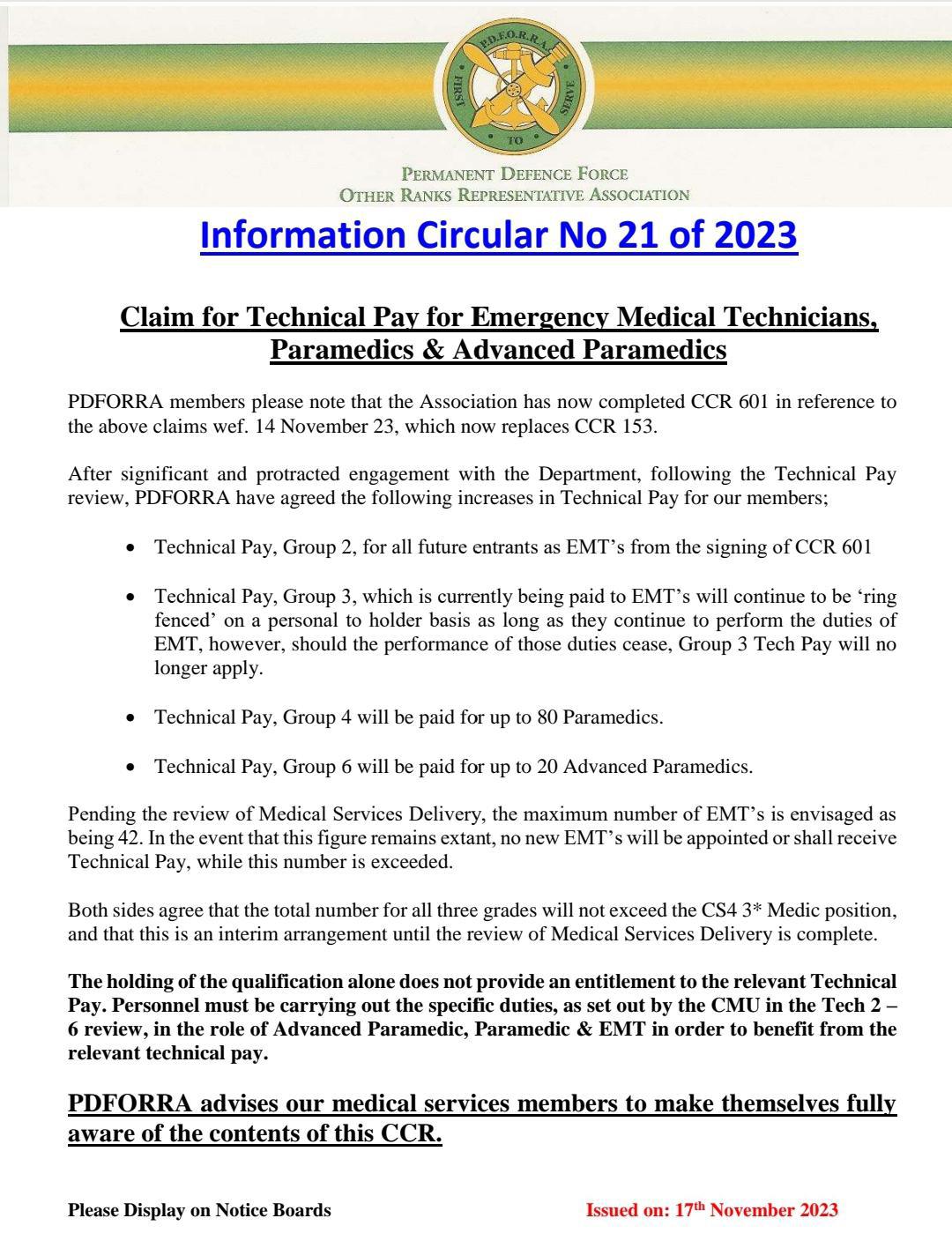 Information Circular No 21 of 23 - CCR 601 Claim for Technical Pay for EMT Paramedics and Advanced Paramedics