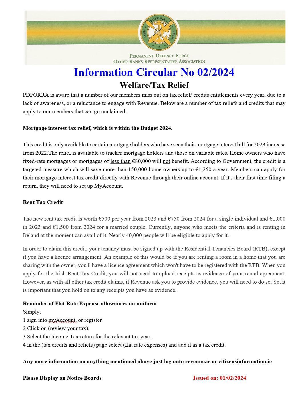 Information Circular No 02 of 24 - Welfare/Tax Relief