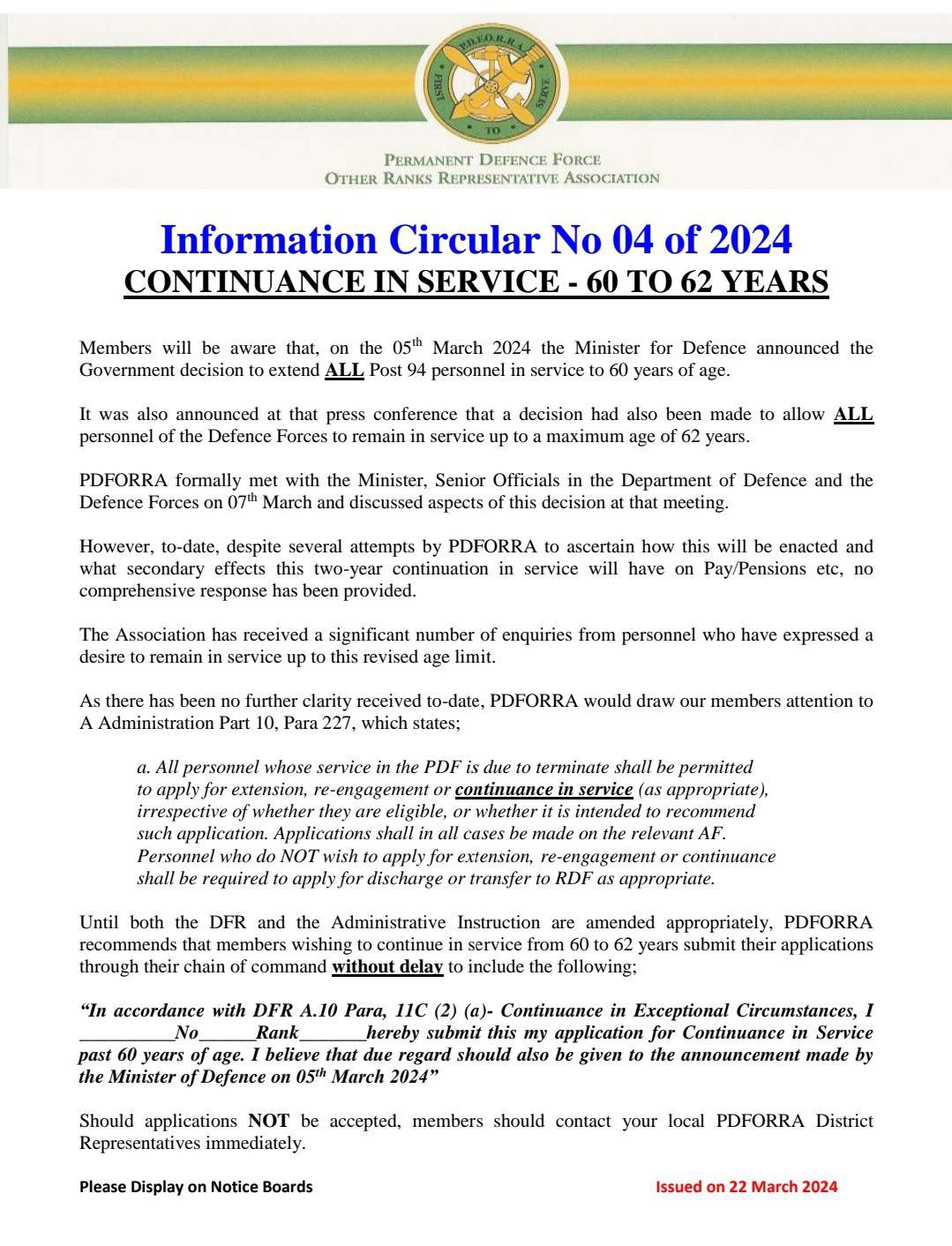 Information Circular No 04 of 2024 - Continuance in Service from 60 to 62