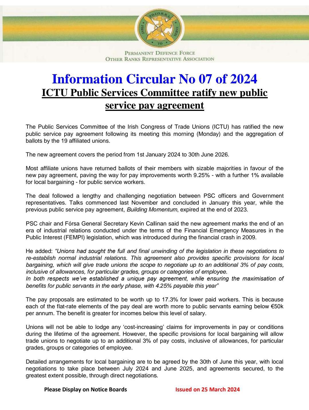 Information Circular No 07 of 2024 - ICTU Public Services Committee ratify new public service pay agreement