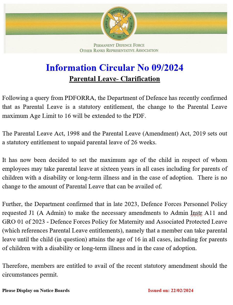 Information Circular No 09 of 24 - Parental Leave Clarification