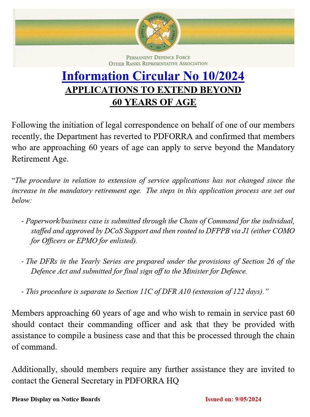 Information Circular No 10 of 24 - Applications to Extend in Service Past 60 Years