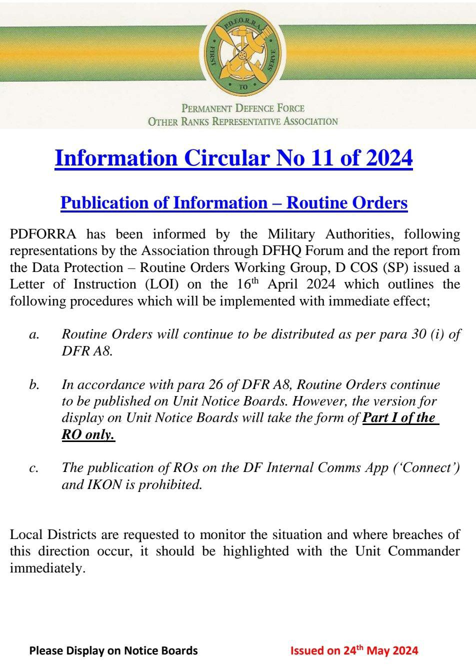 Information Circular No 11 of 24 - Publication of Routine Orders