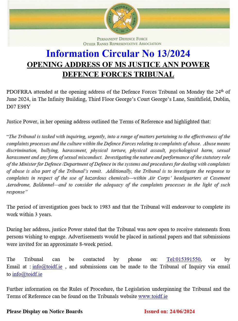 Information Circular No 13 of 24- Opening Address Justice Ann Power - Defence Forces Tribunal of Inquiry