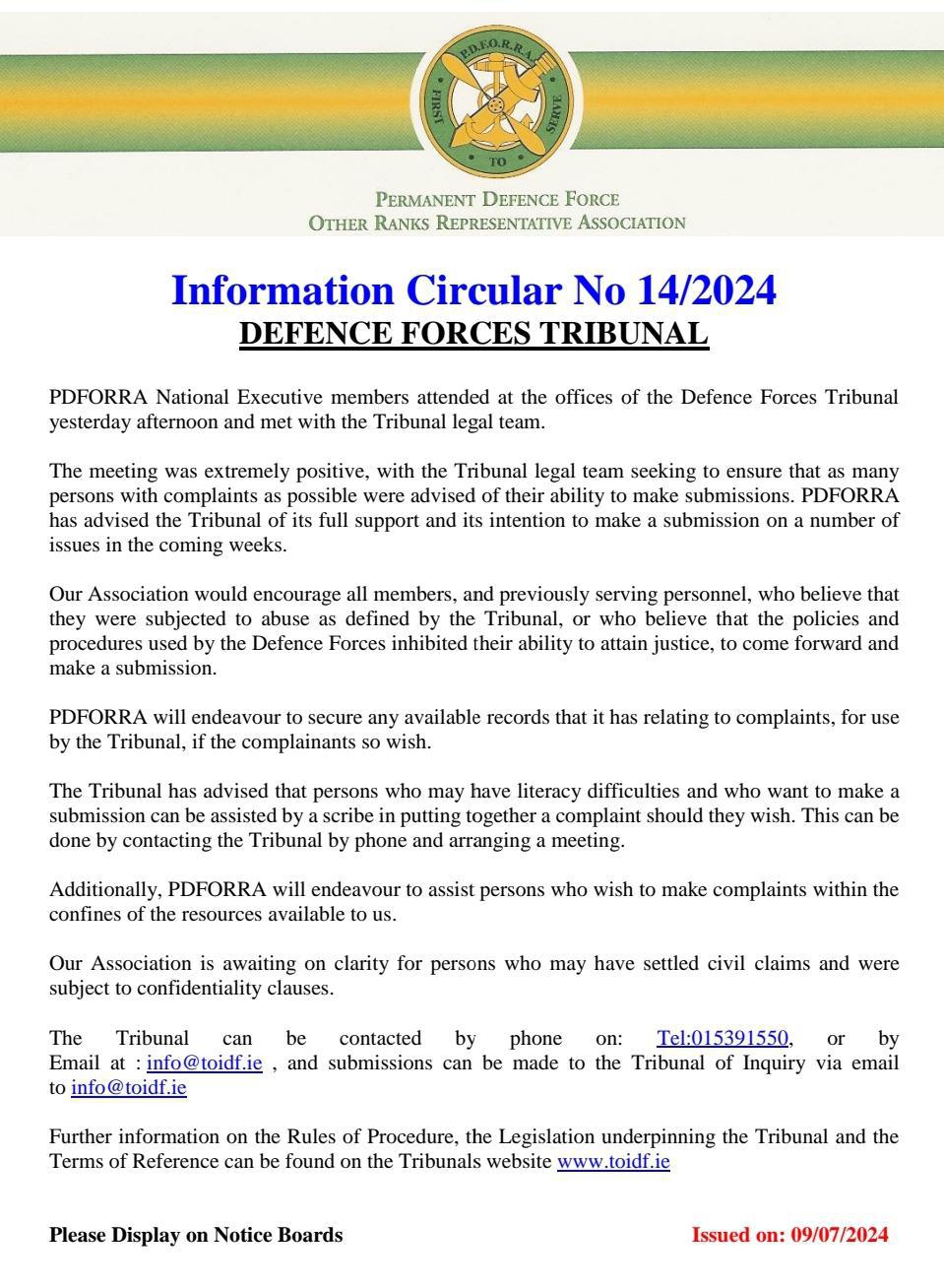 Information Circular No 14 of 2024- Defence Forces Tribunal of Inquiry