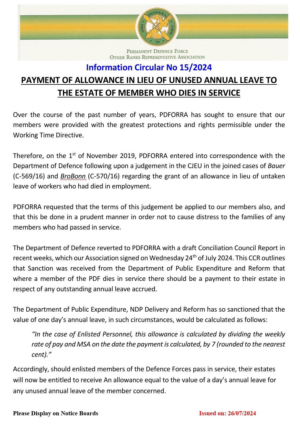 Information Circular No 15 of 24 - Payment of an allowance in lieu of unused Annual Leave to the Estate of a member who dies in Service