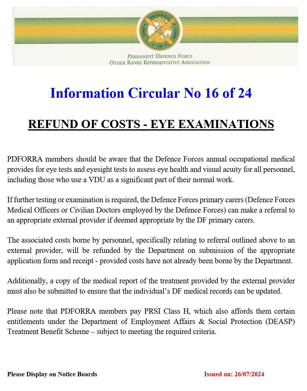 Information Circular No 16 of 24 - Refund of Costs - External Eye Examinations