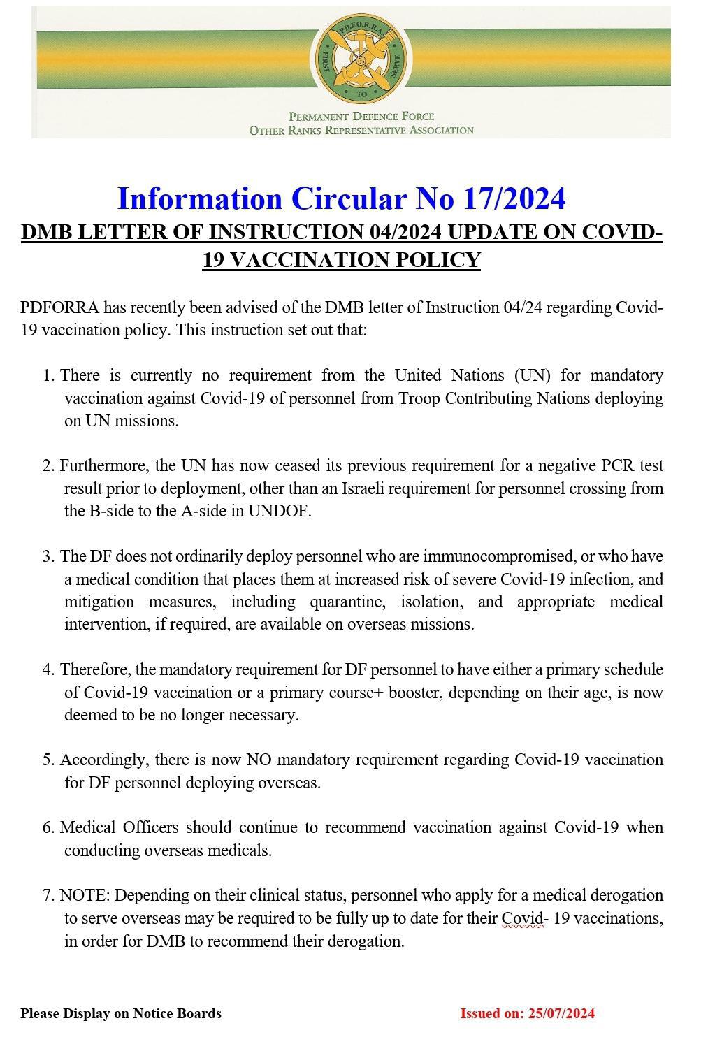 Information Circular No 17 of 24 - DMB LOI 04/24 Update on Covid 19 Vaccination Policy