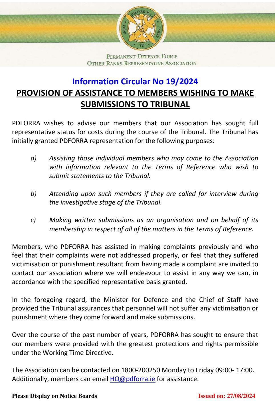 Information Circular No 19 of 24 - Assistance with submissions to Tribunal