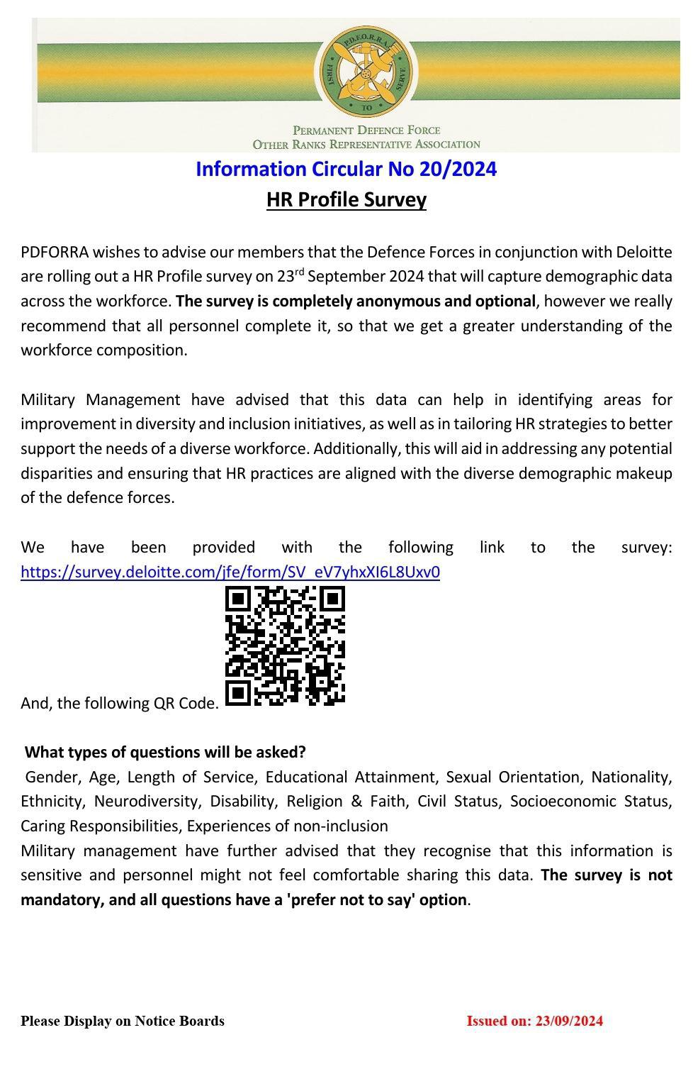 Information Circular No 20 of 24 - HR Profile Survey