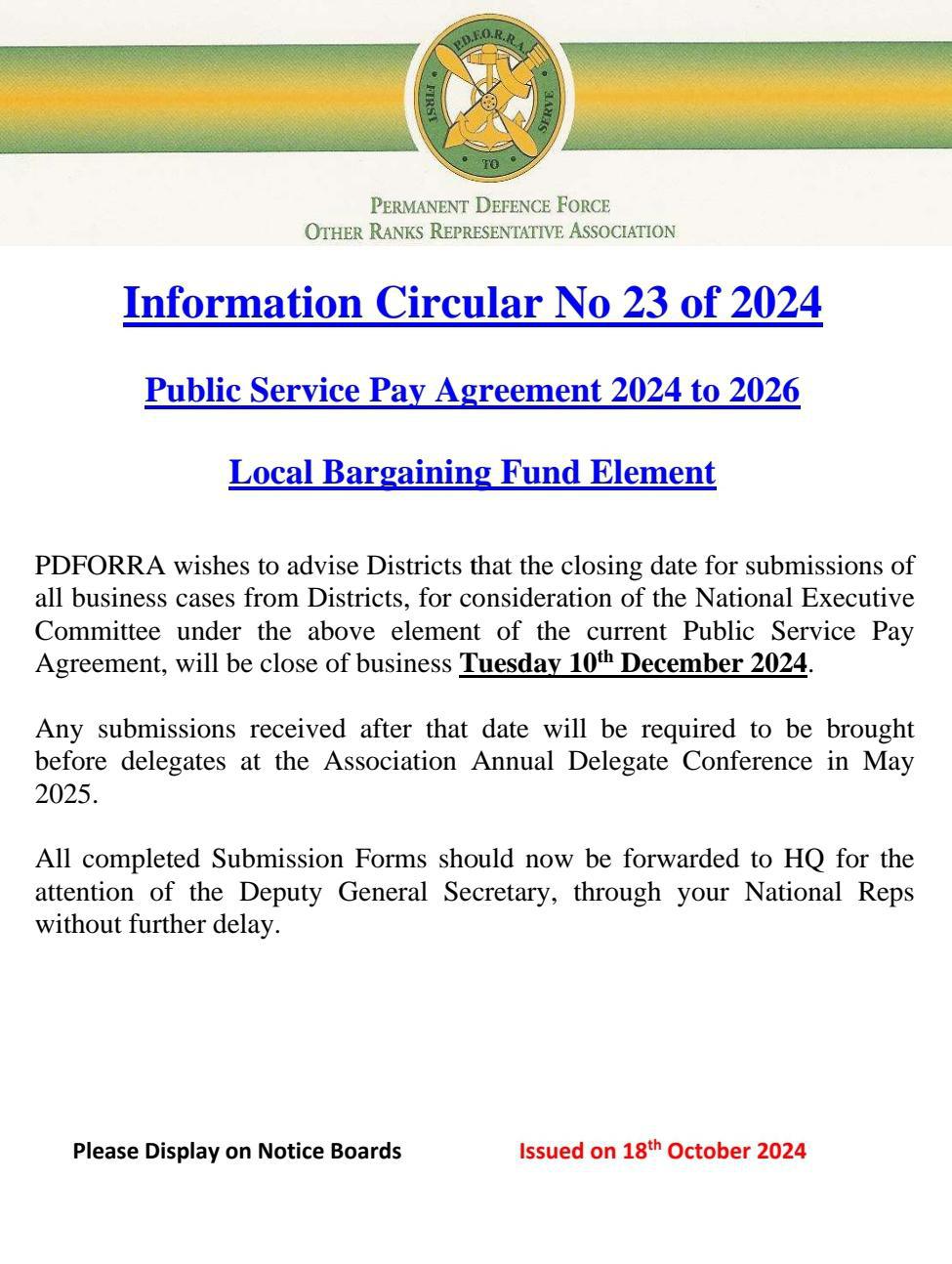 Information Circular No 23 of 24 - PSPA Local Bargaining Element closing date