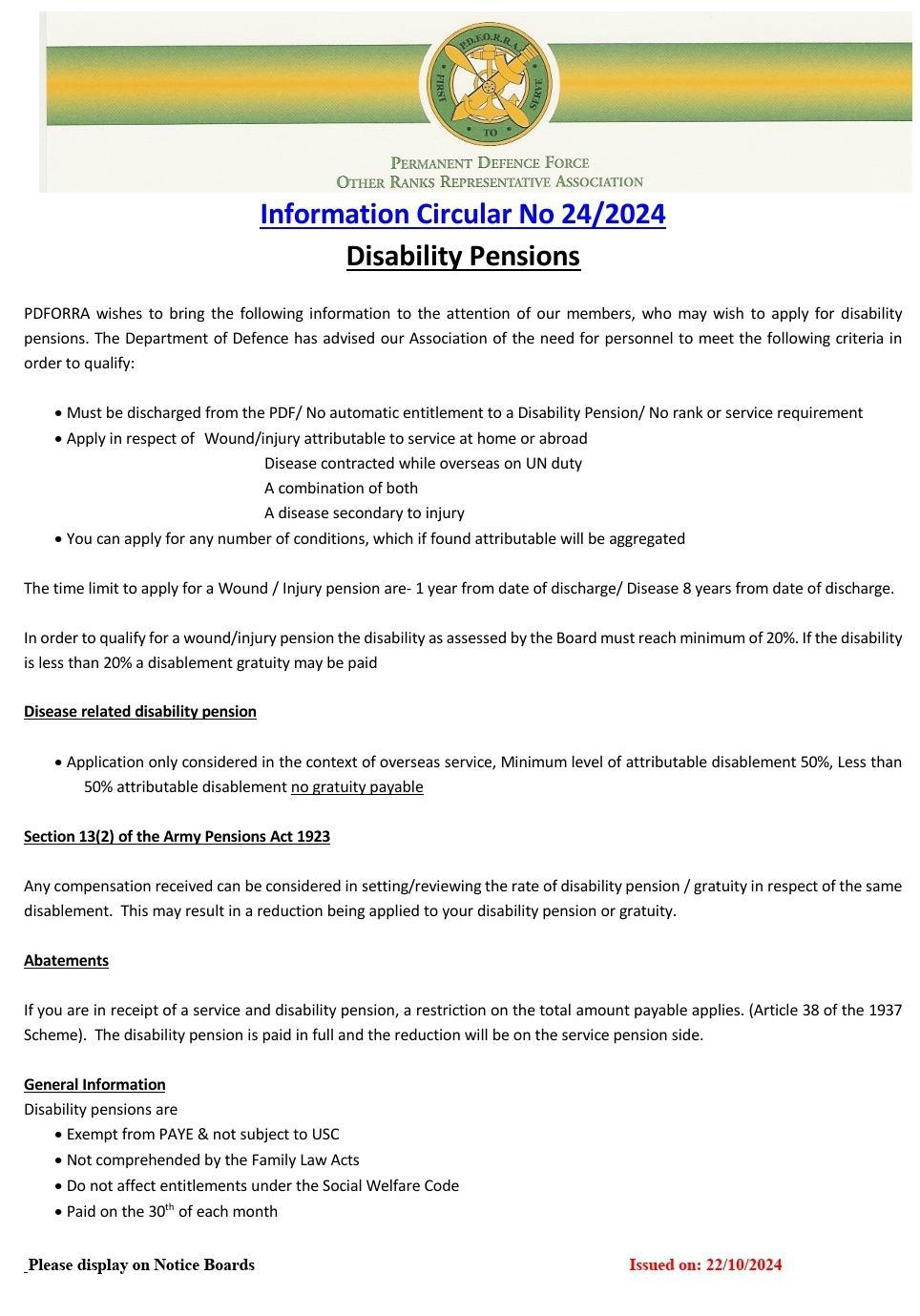 Information Circular No 24 of 24 - Disability Pensions