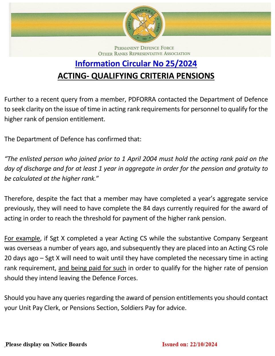 Information Circular No 25 of 24 - Acting Qualifying Criteria Pensions