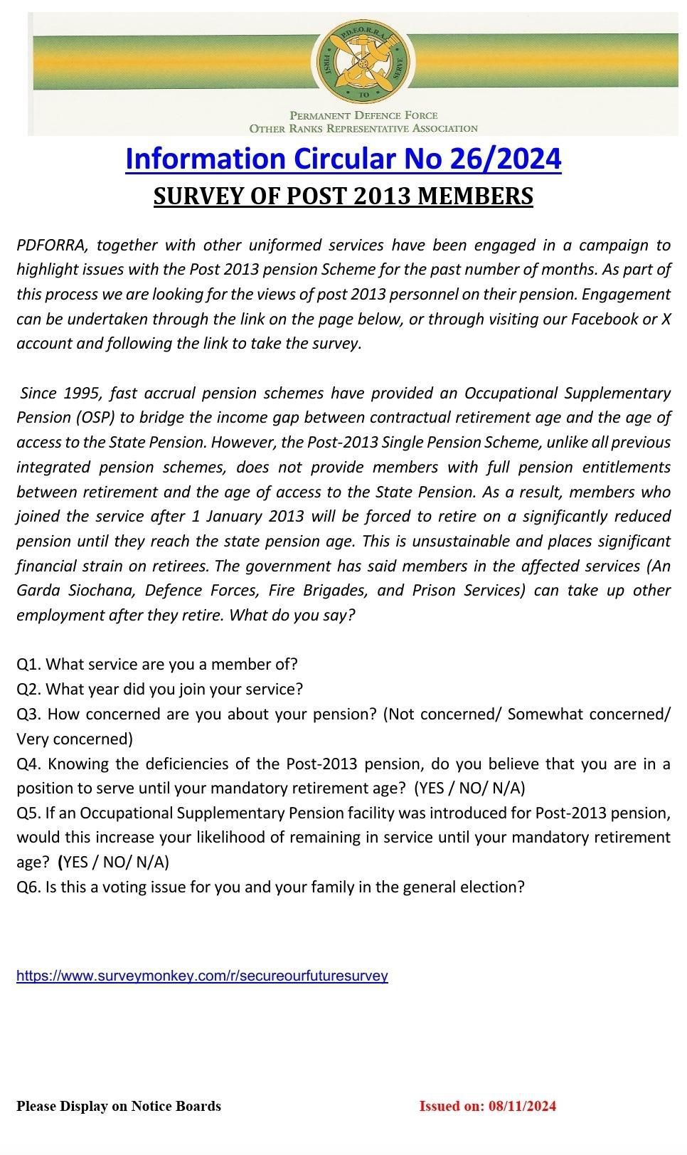 Information Circular No 26 of 24 - Survey of Post 2013 Members- Pension