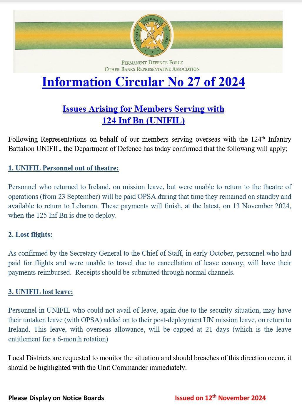 Information Circular No 27 of 24 - 124th Inf Bn UNIFIL 