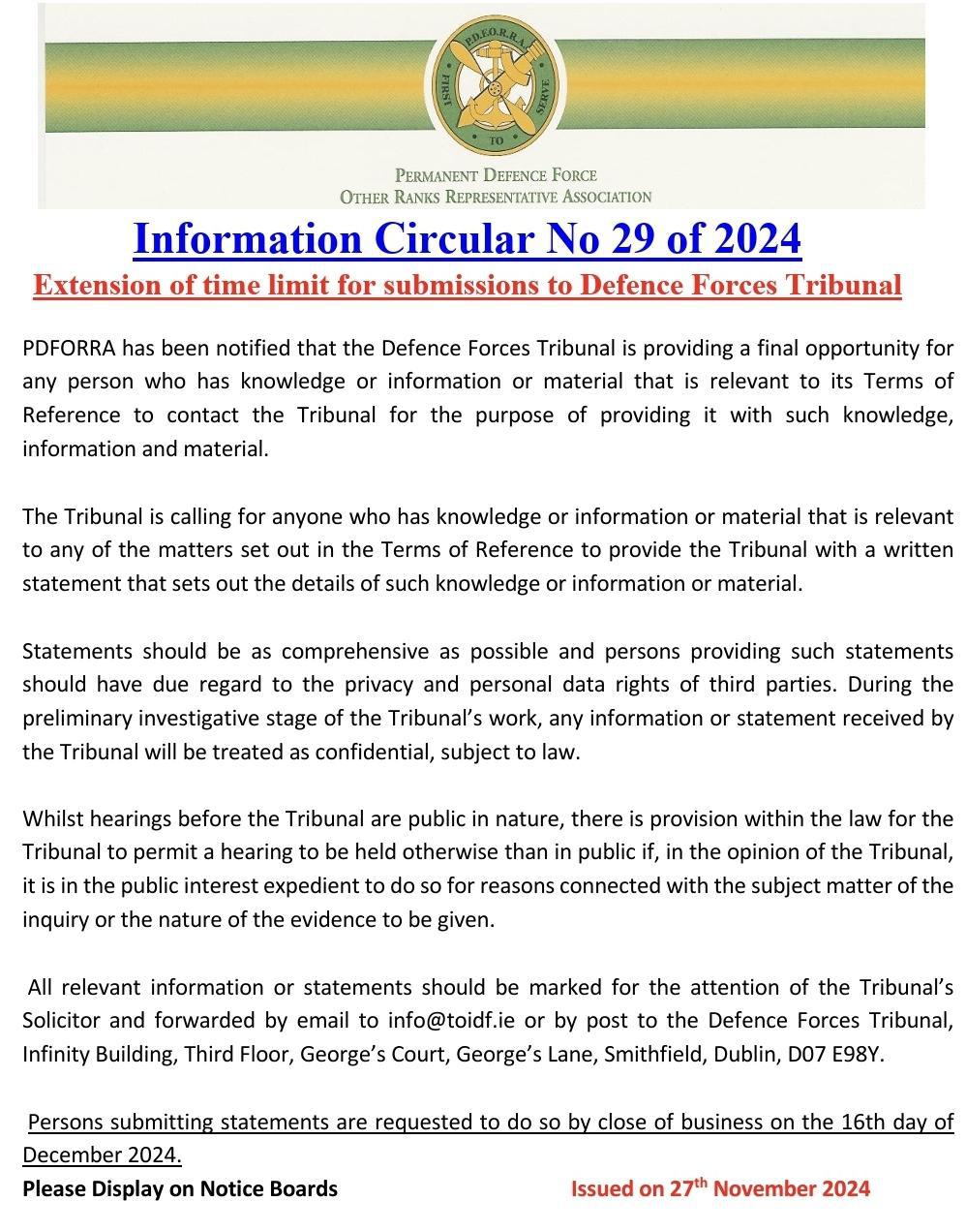 Information Circular No 29 of 24 - Extension of time limit for submissions to the Defence Forces Tribunal