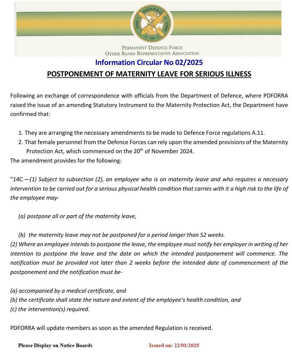 Information Circular No 02 of 2025 - Postponement of Maternity Leave for Serious Illness