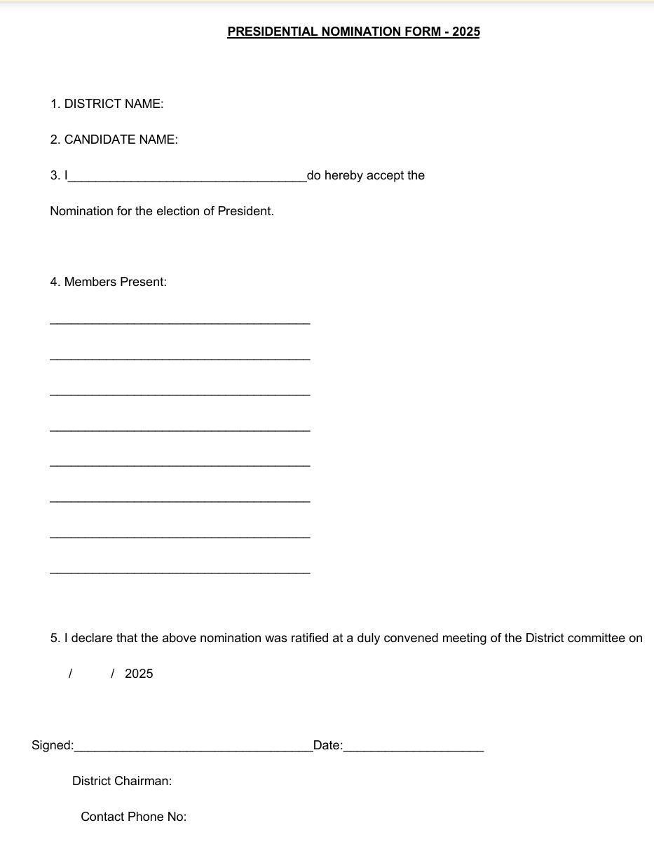 Nomination Forms for Election of President & Vice President 2025