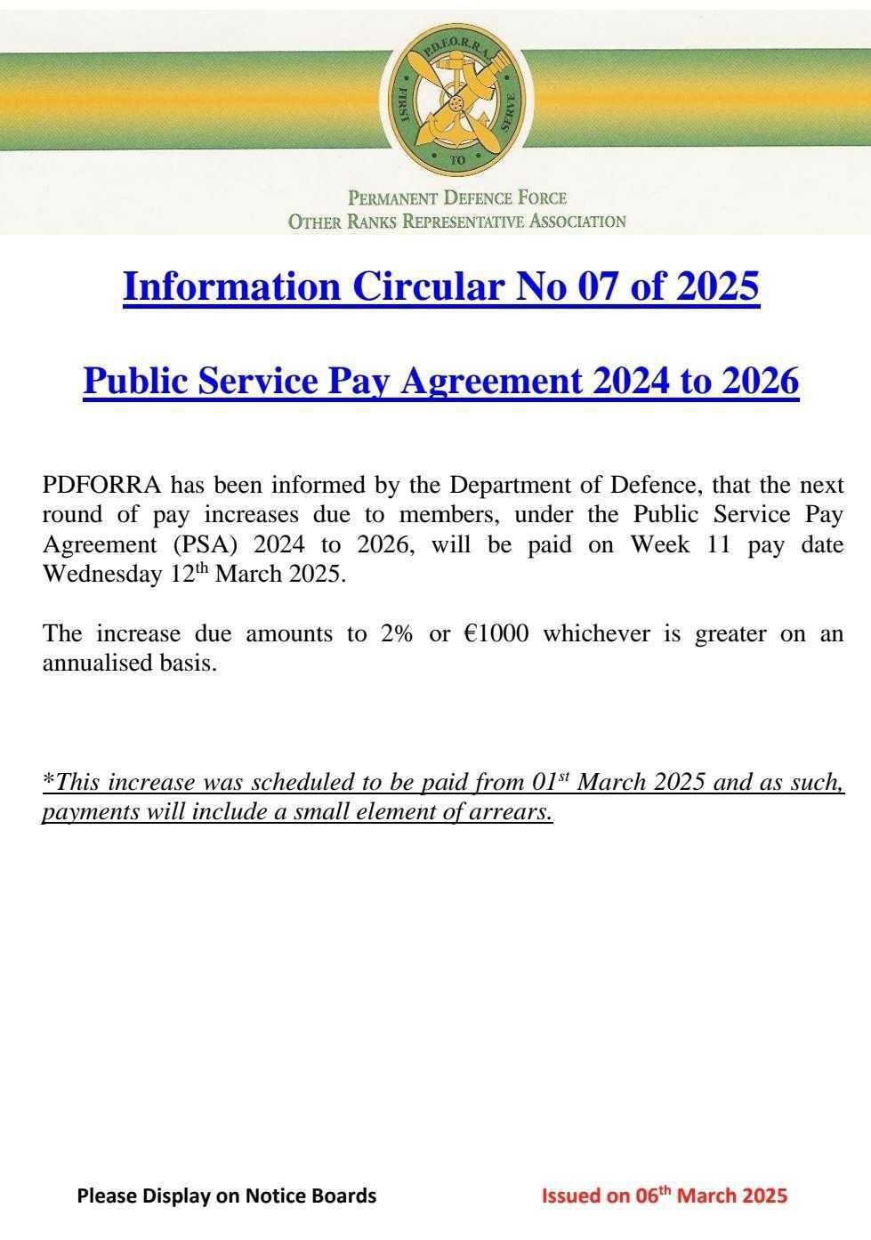 Information Circular No 07 of 25 - Public Service Pay Agreement 2024 to 2026 March 2025