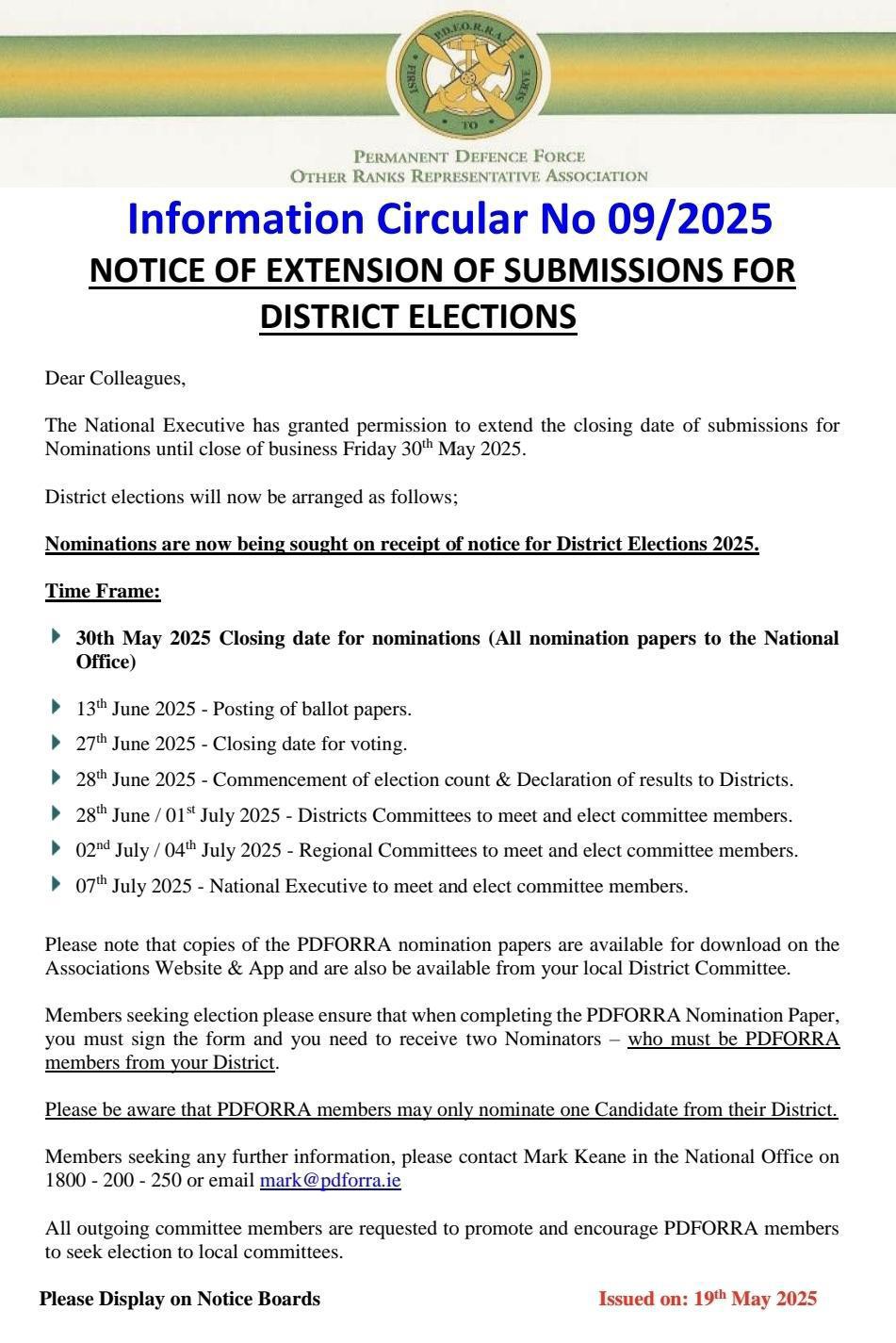 Information Circular No 09 of 25 - Extension of date for submission of Nominations for District Elections