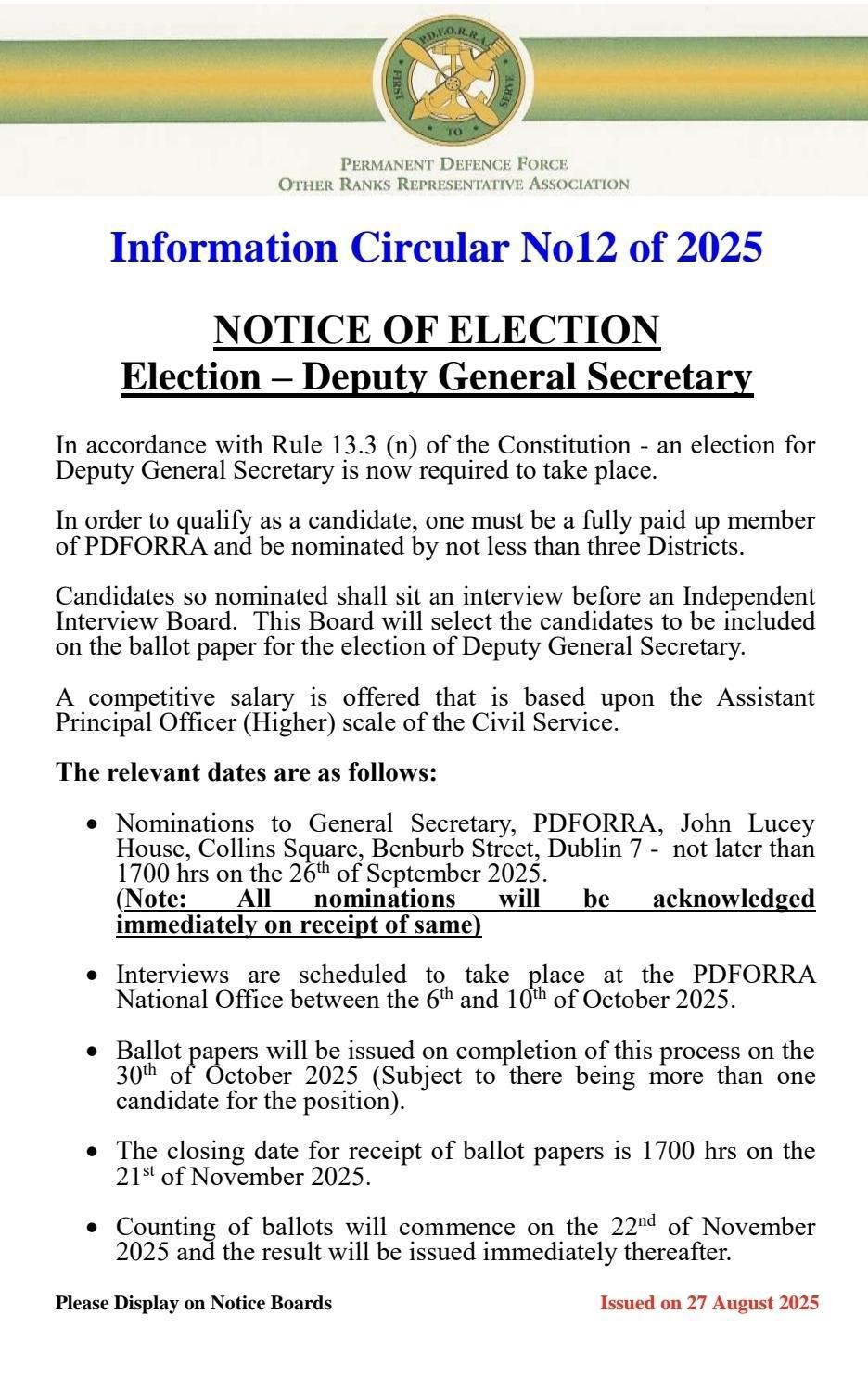 Information Circular No 12 of 25 - Deputy General Secretary - Election Notice
