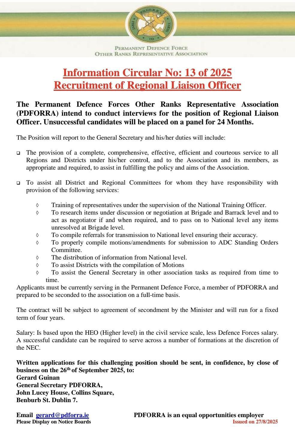 Information Circular No 13 of 25 - Advertisement - Recruitment of Regional Liaison Officer